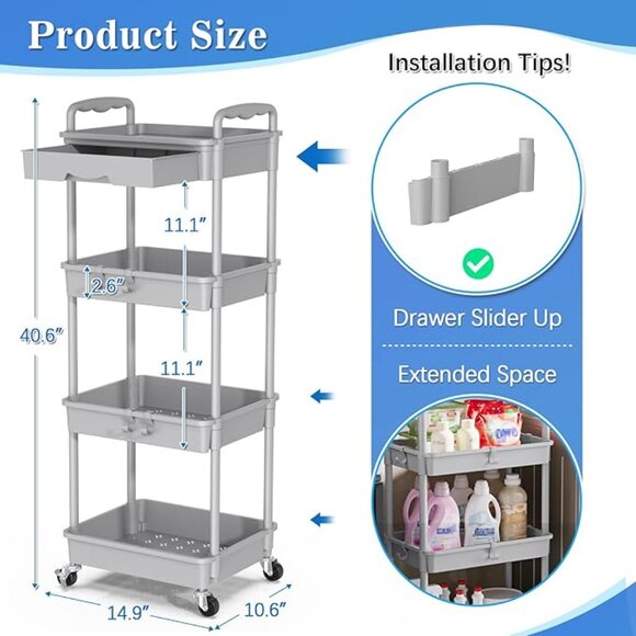 4 Tier Rolling Cart w/ 2 lockable wheels and  Removable Hidden Drawer - Picture 3 of 4